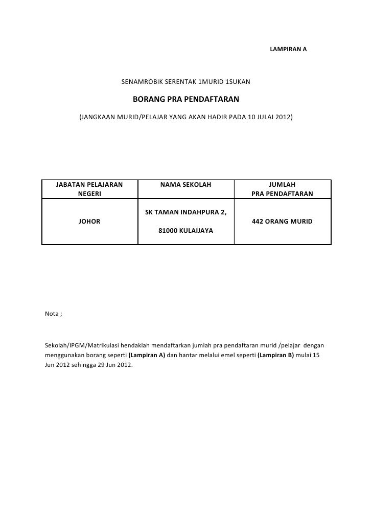 Borang Penyertaan Senamrobik 1murid 1sukan 2012
