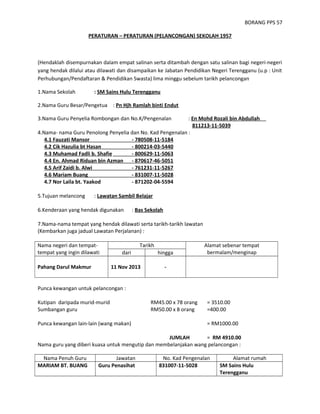 BORANG PPS 57
PERATURAN – PERATURAN (PELANCONGAN) SEKOLAH 1957
(Hendaklah disempurnakan dalam empat salinan serta ditambah dengan satu salinan bagi negeri-negeri
yang hendak dilalui atau dilawati dan disampaikan ke Jabatan Pendidikan Negeri Terengganu (u.p : Unit
Perhubungan/Pendaftaran & Pendidikan Swasta) lima minggu sebelum tarikh pelancongan
1.Nama Sekolah : SM Sains Hulu Terengganu
2.Nama Guru Besar/Pengetua : Pn Hjh Ramlah binti Endut
3.Nama Guru Penyelia Rombongan dan No.K/Pengenalan : En Mohd Rozali bin Abdullah
811213-11-5039
4.Nama- nama Guru Penolong Penyelia dan No. Kad Pengenalan :
4.1 Fauzati Mansor - 780508-11-5184
4.2 Cik Hazulia bt Hasan - 800214-03-5440
4.3 Muhamad Fadli b. Shafie - 800629-11-5063
4.4 En. Ahmad Riduan bin Azman - 870617-46-5051
4.5 Arif Zaidi b. Alwi - 761231-11-5267
4.6 Mariam Buang - 831007-11-5028
4.7 Nor Laila bt. Yaakod - 871202-04-5594
5.Tujuan melancong : Lawatan Sambil Belajar
6.Kenderaan yang hendak digunakan : Bas Sekolah
7.Nama-nama tempat yang hendak dilawati serta tarikh-tarikh lawatan
(Kembarkan juga jadual Lawatan Perjalanan) :
Nama negeri dan tempat-
tempat yang ingin dilawati
Tarikh Alamat sebenar tempat
bermalam/menginapdari hingga
Pahang Darul Makmur 11 Nov 2013 -
Punca kewangan untuk pelancongan :
Kutipan daripada murid-murid RM45.00 x 78 orang = 3510.00
Sumbangan guru RM50.00 x 8 orang =400.00
Punca kewangan lain-lain (wang makan) = RM1000.00
JUMLAH = RM 4910.00
Nama guru yang diberi kuasa untuk mengutip dan membelanjakan wang pelancongan :
Nama Penuh Guru Jawatan No. Kad Pengenalan Alamat rumah
MARIAM BT. BUANG Guru Penasihat 831007-11-5028 SM Sains Hulu
Terengganu
 