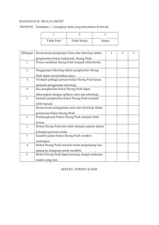 BAHAGIAN B: SKALA LIKERT
ARAHAN : Tandakan ( / ) mengikut skala yang dinyatakan di bawah.
1 2 3
Tidak Pasti Tidak Setuju Setuju
Bilangan Kesan-kesan pengunaan Sains dan teknologi dalam
penghasilan biskut tradisional, Heong Peah.
1 2 3
1 Proses membuat Heong Peah menjadi lebih bersih.
2 Penggunaan teknologi dalam penghasilan Heong
Peah dapat menjimatkan masa.
3 Terdapat pelbagai perasa biskut Heong Peah kesan
daripada penggunaan teknologi.
4 Kos penghasilan biskut Heong Peah dapat
dikurangkan dengan aplikasi sains dan teknologi.
5 Kuantiti penghasilan biskut Heong Peah menjadi
lebih banyak.
Kesan-kesan penggunaan sains dan teknologi dalam
pemasaran biskut Heong Peah.
1 Pembungkusan biskut Heong Peah menjadi lebih
kemas.
2 Biskut Heong Peah kini telah menjadi popular dalam
kalangan generasi muda.
3 Kuantiti jualan biskut Heong Peah semakin
meningkat.
4 Biskut Heong Peah menarik minat pengunjung luar
datang ke kampung untuk membeli.
5 Biskut Heong Peah dapat bersaing dengan makanan
moden yang lain.
SEKIAN, TERIMA KASIH
 