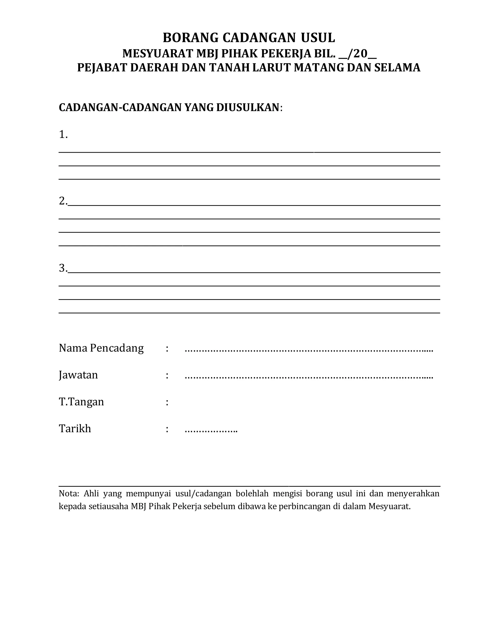 Borang Usul & Cadangan MBJ Pihak Pekerja | DOCX