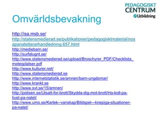 Omvärldsbevakning
http://isa.msb.se/
http://statensmedierad.se/publikationer/pedagogisktmaterial/nos
apanatetlararhandledning.657.html
http://mediebarn.se/
http://surfalugnt.se/
http://www.statensmedierad.se/upload/Broschyrer_PDF/Checklista_
motesplatser.pdf
http://www.kulturer.net/
http://www.statensmedierad.se
http://www.internetstatistik.se/amnen/barn-ungdomar/
http://www.krankt.se
http://www.svt.se/15/amnen/
http://polisen.se/Utsatt-for-brott/Skydda-dig-mot-brott/Ha-koll-pa-
livet-pa-natet/
http://www.umo.se/Karlek--vanskap/Bildspel---knepiga-situationer-
pa-natet/
 