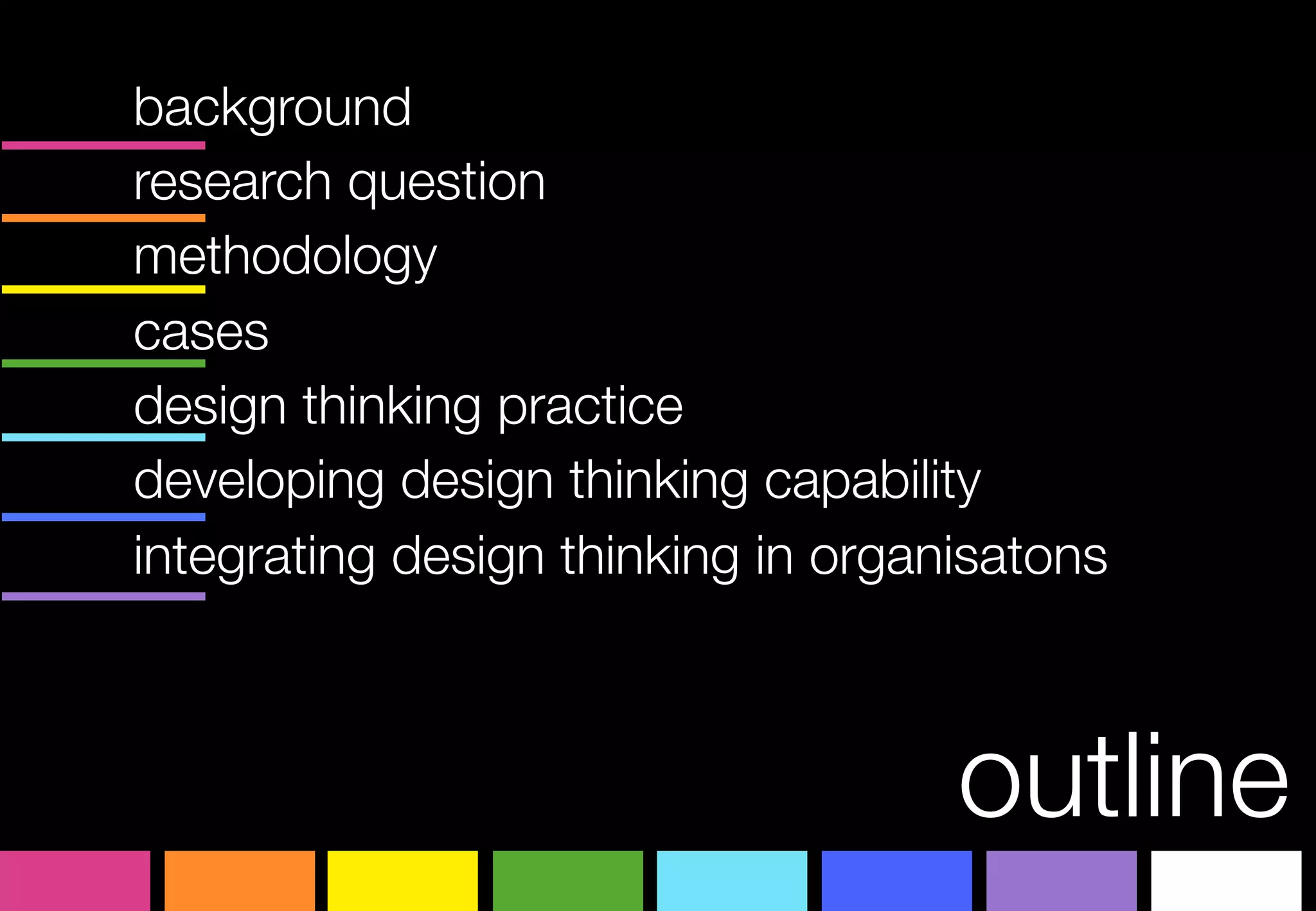 background
research question
methodology 
cases
design thinking practice
developing design thinking capability
integrating design thinking in organisatons



                                    outline
 