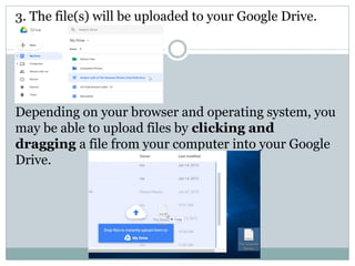 3. The file(s) will be uploaded to your Google Drive.
Depending on your browser and operating system, you
may be able to upload files by clicking and
dragging a file from your computer into your Google
Drive.
 