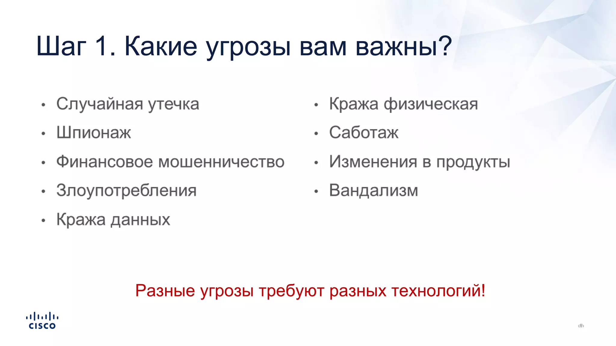 Шаг 1. Какие угрозы вам важны?
Разные угрозы требуют разных технологий!
 