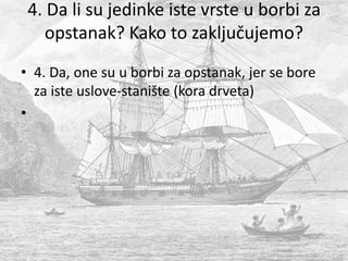 4. Da li su jedinke iste vrste u borbi za
opstanak? Kako to zaključujemo?
• 4. Da, one su u borbi za opstanak, jer se bore
za iste uslove-stanište (kora drveta)
•
 