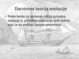 • Preko borbe za opstanak vrši se prirodna
selekcija tj. prirodno odabiranje onih jedinki
koje će da prežive i ostave potomstvo.
Darvinova teorija evolucije
 
