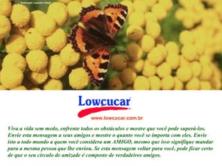 Execução: Leandro Valdir




                                   www.lowcucar.com.br

Viva a vida sem medo, enfrente todos os obstáculos e mostre que você pode superá-los.
Envie esta mensagem a seus amigos e mostre o quanto você se importa com eles. Envie
isto a todo mundo a quem você considera um AMIGO, mesmo que isso signifique mandar
para a mesma pessoa que lhe enviou. Se esta mensagem voltar para você, pode ficar certo
de que o seu círculo de amizade é composto de verdadeiros amigos.
 