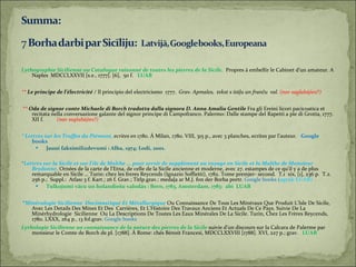 Lythographie Sicilienne ou Catalogue raisonné de toutes les pierres de la Sicile .  Propres á embellir le Cabinet d’un amateur. A Naples  MDCCLXXVII [s.e., 1777]. [6],  50 f.  LUAB **  Le principe de l’électricité  / Il principio del electricismo  1777.   Grav. Apmales,  tekst s itāļu un franču  val.  (nav saglabājies?) **  Oda de signor conte Michaele di Borch tradotta dalla signora D. Anna Amalia Gentile  Fra gli Ereini licori pacicoatica et recitata nella conversazione galante del signor principe di Campofranco. Palermo: Dalle stampe del Rapetti a pie di Grotta, 1777. XII f.   (nav saglabājies?) * Lettres sur les Truffes du Piémont ,  ecrites en 1780 . Á Milan, 1780. VIII, 315 p., avec 3 planches, ecrites par l’auteur.    Google books Jauni faksimilizdevumi : Alba, 1974; Lodi, 2001. * Lettres sur la Sicile et sur l'ile de Malthe ... pour servir de supplément au voyage en Sicile et la Malthe de Monsieur Brydonne . Ornées de la carte de l'Etna, de celle de la Sicile ancienne et moderne, avec 27. estampes de ce qu'il y a de plus remarquable en Sicile … Turin: chez les freres Reycends (Ignazio Soffietti), 1782. Tome premjer- second.  T.1  xix, [1], 236 p.  T.2.   256 p.;   Suppl.:  Atlas :  3 f. Kart.;   26 f. Grav.; Titlp.grav.: medaļa ar M.J. fon der Borha portr.   Google books  ( agrāk LUAB) Tulkojumi vācu un holandiešu valodās : Bern, 1783, Amsterdam, 1783:  abi  LUAB * Minéralogie Sicilienne  Docimastique Et Métallurgique  Ou Connaissance De Tous Les Minéraux Que Produit L'Isle De Sicile,  Avec Les Details Des Mines Et Des  Carrières, Et L'Histoire Des Travaux Anciens Et Actuals De Ce Pays. Suivie De La  Minérhydrologie  Sicilienne  Ou La Descriptions De Toutes Les Eaux Minérales De La Sicile. Turin, Chez Les Frères Reycends, 1780. LXXX, 264 p., 13 fol.grav.  Google books Lythologie Sicilienne uo connaissance de la nature des pierres de la Sicile  suivie d’un discours sur la Calcara de Palerme par monsieur le Comte de Borch de pl. [1788]. Á Rome: chés Bénoit Francesi, MDCCLXXVIII [1788]. XVI, 227 p.; grav.  LUAB 