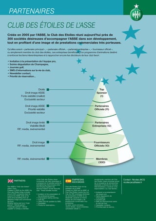 PARTENAIRES
CLUB DES ÉTOILES DE L’ASSE
Créée en 2005 par l’ASSE, le Club des Etoiles réuni aujourd’hui près de
300 sociétés désireuses d’accompagner l’ASSE dans son développement,
tout en profitant d’une image et de prestations commerciales très porteuses.
Qu’elles soient « partenaire principal », « partenaire officiel», « partenaire entreprise », « fournisseur officiel »,
ou simplement membre du club des étoiles, ces entreprises bénéficient d’un programme d’animations destiné
à renforcer les liens interentreprises et à rapprocher encore les décideurs de leur club favori :

• Invitation à la présentation de l’équipe pro,
• Soirée dégustation de Champagne,
• Journée golf,
• SMS d’informations sur la vie du club,
• Newsletter contact,
• Priorité de réservation…




                                    Droits                                                                         Top
                    Droit image ASSE                                                                             Sponsor
                 Forte visibilité (maillot)                                                                         (1)
                    Exclusivité secteur

                      Droit image ASSE                                                                        Partenaires
                         Priorité visibilité                                                                  Officiels (11)
                      Exclusivité secteur


                   Droit image limité                                                                          Partenaires
                        Visibilité BtoB                                                                      Entreprises (12)
             RP, media, évènementiel



                          Droit image                                                                         Fournisseurs
             RP, media, évènementiel                                                                          Officiels (10)



             RP, media, évènementiel                                                                            Membres
                                                                                                                 (300)




        PARTNERS
                                   of the Club des Étoiles, these                 EMPRESAS                    simplemente, miembro del Club       Contact : Nicolas JACQ
                                   companies can take advantage of                                            des Étoiles, estas empresas gozan
                                   a programme of activities aimed at
                                                                                  ASOCIADAS                   de un programa de animaciones       nicolas.jacq@asse.fr
                                   strengthening intercompany links                                           destinado a reforzar los vínculos
The ASSE’s “Club des étoiles”      and bringing together key             Club des Étoiles (Club de las        inter-empresas y a acercar a los
(Stars’ Club)                      decision-makers of their favourite    estrellas) de la ASSE                responsables a su club favorito :
Created in 2005 by the ASSE, the   club. These benefits include:         Creado en 2005 por la ASSE, el
Club des Étoiles today includes                                          Club Des Étoiles cuanta hoy con      • Invitación a la presentación
around 300 companies keen to       • Invitation to the presentation of   más de 300 empresas deseosas           del equipo pro,
support the ASSE while at the        the professional squad,             de acompañar al ASSE en su           • Tarde degustación de
same time benefiting from an       • Champagne tasting evening,          desarrollo, gozando al mismo           Champagne,
attractive image and commercial    • Golf day,                           tiempo de una imagen y de            • Jornada golf,
services.                          • Latest club life updates by SMS,    prestaciones comerciales muy         • SMS de informaciones sobre
Whether taking part as a "main     • Newsletter,                         portadoras.                            la vida del club,
partner", "official partner",      • Priority for reservations…          Ya sean «socio principal»,           • Newsletter contacto,
"corporate partner", "official                                           «socio oficial», «socio empresa»,    • Prioridad para la reserva…
supplier" or simply a member                                             «proveedor oficial» o,
 
