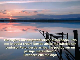Me cogió y me sorprendí al ver el bordado. “¡No me lo podía creer! ¡Desde abajo me parecía tan confuso! Pero, desde arriba, he podido ver un paisaje maravilloso.”  Entonces ella me dijo: 