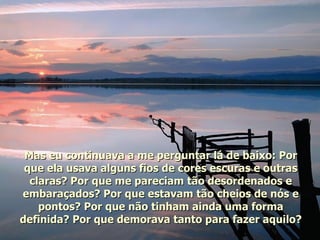 Mas eu continuava a me perguntar lá de baixo: Por que ela usava alguns fios de cores escuras e outras claras? Por que me pareciam tão desordenados e embaraçados? Por que estavam tão cheios de nós e pontos? Por que não tinham ainda uma forma definida? Por que demorava tanto para fazer aquilo? 
