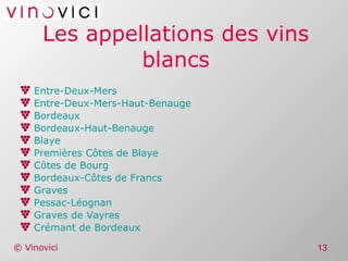 Les appellations des vins blancs Entre-Deux-Mers  Entre-Deux-Mers-Haut-Benauge   Bordeaux  Bordeaux-Haut-Benauge   Blaye  Premières Côtes de Blaye  Côtes de Bourg  Bordeaux-Côtes  de Francs  Graves  Pessac-Léognan   Graves de  Vayres   Crémant de Bordeaux  