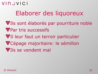 Elaborer des liquoreux Ils sont élaborés par pourriture noble Par tris successifs Il leur faut un terroir particulier Cépage majoritaire: le sémillon Ils se vendent mal 
