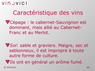 Caractéristique des vins Cépage : le cabernet-Sauvignon est dominant, mais allié au Cabernet-Franc et au Merlot. Sol : sable et graviers. Maigre, sec et sablonneux, il est impropre à toute autre forme de culture. Ils ont en général un arôme fumé. 