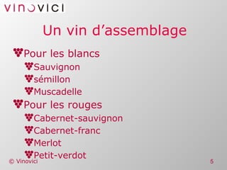 Un vin d’assemblage Pour les blancs Sauvignon sémillon Muscadelle Pour les rouges Cabernet-sauvignon Cabernet-franc Merlot Petit-verdot 
