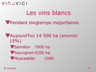 Les vins blancs Pendant longtemps majoritaires Aujourd’hui 14 500 ha (environ 15%) Sémillon 7900 ha Sauvignon 5200 ha Muscadelle 1000 
