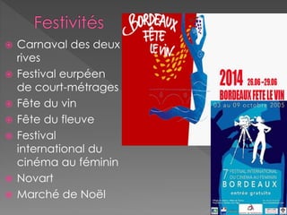  Carnaval des deux
rives
 Festival eurpéen
de court-métrages
 Fête du vin
 Fête du fleuve
 Festival
international du
cinéma au féminin
 Novart
 Marché de Noël
 