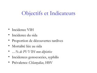 Objectifs et Indicateurs
• Incidence VIH
• Incidence du sida
• Proportion de découvertes tardives
• Mortalité liée au sida
• …% de PVVIH non dépistées
• Incidences gonococcies, syphilis
• Prévalence Chlamydiae, HSV
 