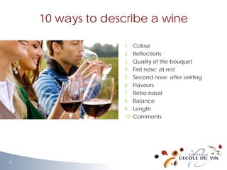 1. Colour
2. Reflections
3. Quality of the bouquet
4. First nose: at rest
5. Second nose: after swirling
6. Flavours
7. Retro-nasal
8. Balance
9. Length
10. Comments
10 ways to describe a wine
8
 