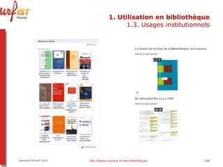 1. Utilisation en bibliothèque 1.3. Usages institutionnels Vendredi 09 avril 2010 Des réseaux sociaux et des bibliothèques 
