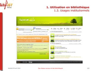 1. Utilisation en bibliothèque 1.3. Usages institutionnels Vendredi 09 avril 2010 Des réseaux sociaux et des bibliothèques 