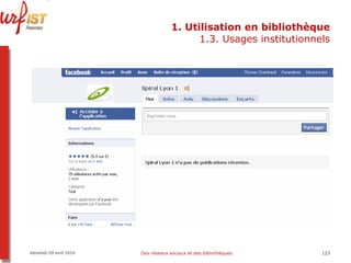 1. Utilisation en bibliothèque 1.3. Usages institutionnels Vendredi 09 avril 2010 Des réseaux sociaux et des bibliothèques 