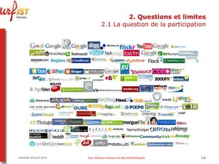 2. Questions et limites 2.1 La question de la participation Vendredi 09 avril 2010 Des réseaux sociaux et des bibliothèques 