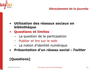 Déroulement de la journée Utilisation des réseaux sociaux en bibliothèque Questions et limites La question de la participation Publier et lire sur le web La notion d’identité numérique Présentation d’un réseau social :  Twitter [Questions] Vendredi 09 avril 2010 Des réseaux sociaux et des bibliothèques 