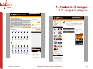 1. Contexte et usages 1.3 Usages et usagers Vendredi 09 avril 2010 Des réseaux sociaux et des bibliothèques 