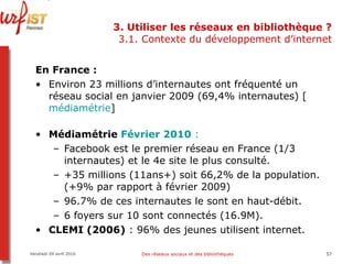 3. Utiliser les réseaux en bibliothèque ? 3.1. Contexte du développement d’internet En France :  Environ 23 millions d’internautes ont fréquenté un réseau social en janvier 2009 (69,4% internautes) [ médiamétrie ] Médiamétrie  Février 2010  : Facebook est le premier réseau en France (1/3 internautes) et le 4e site le plus consulté. +35 millions (11ans+) soit 66,2% de la population. (+9% par rapport à février 2009) 96.7% de ces internautes le sont en haut-débit. 6 foyers sur 10 sont connectés (16.9M). CLEMI (2006)  : 96% des jeunes utilisent internet. Vendredi 09 avril 2010 Des réseaux sociaux et des bibliothèques 
