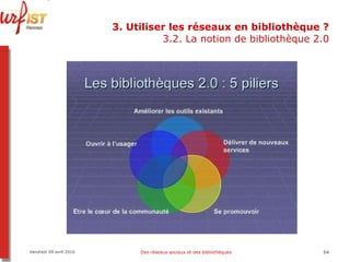 3. Utiliser les réseaux en bibliothèque ? 3.2. La notion de bibliothèque 2.0 Vendredi 09 avril 2010 Des réseaux sociaux et des bibliothèques 