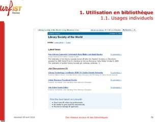 1. Utilisation en bibliothèque 1.1. Usages individuels Vendredi 09 avril 2010 Des réseaux sociaux et des bibliothèques 