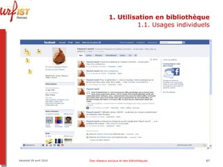 1. Utilisation en bibliothèque 1.1. Usages individuels Vendredi 09 avril 2010 Des réseaux sociaux et des bibliothèques 