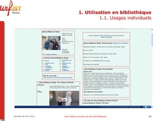 1. Utilisation en bibliothèque 1.1. Usages individuels Vendredi 09 avril 2010 Des réseaux sociaux et des bibliothèques 