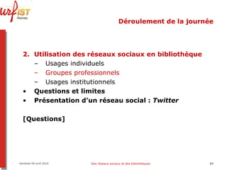 Déroulement de la journée Utilisation des réseaux sociaux en bibliothèque Usages individuels Groupes professionnels Usages institutionnels Questions et limites Présentation d’un réseau social :  Twitter [Questions] Vendredi 09 avril 2010 Des réseaux sociaux et des bibliothèques 