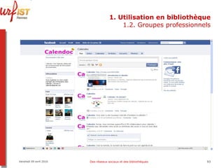 1. Utilisation en bibliothèque 1.2. Groupes professionnels Vendredi 09 avril 2010 Des réseaux sociaux et des bibliothèques 