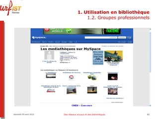 1. Utilisation en bibliothèque 1.2. Groupes professionnels Vendredi 09 avril 2010 Des réseaux sociaux et des bibliothèques 