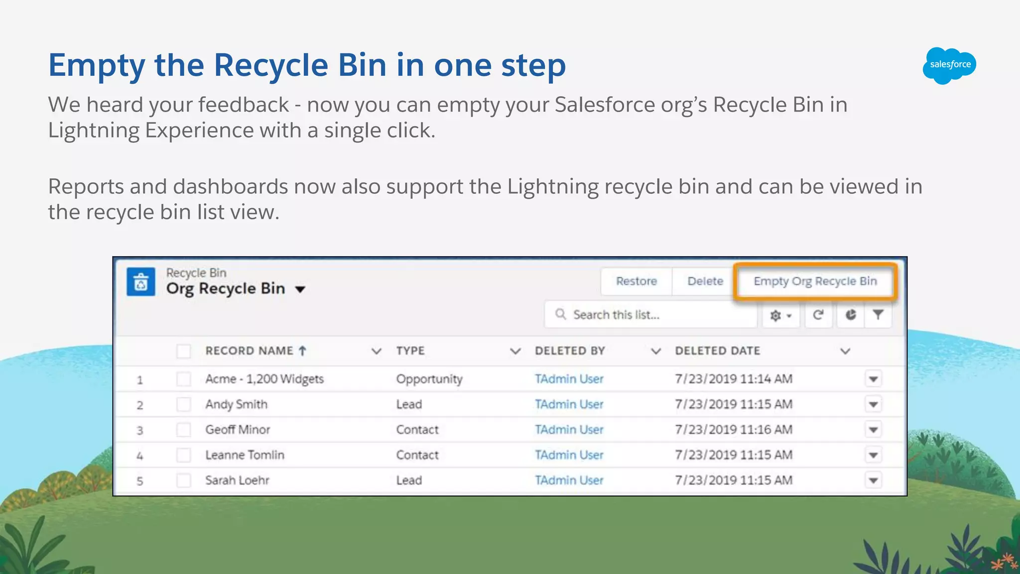 Empty the Recycle Bin in one step
We heard your feedback - now you can empty your Salesforce org’s Recycle Bin in
Lightning Experience with a single click.
Reports and dashboards now also support the Lightning recycle bin and can be viewed in
the recycle bin list view.
 