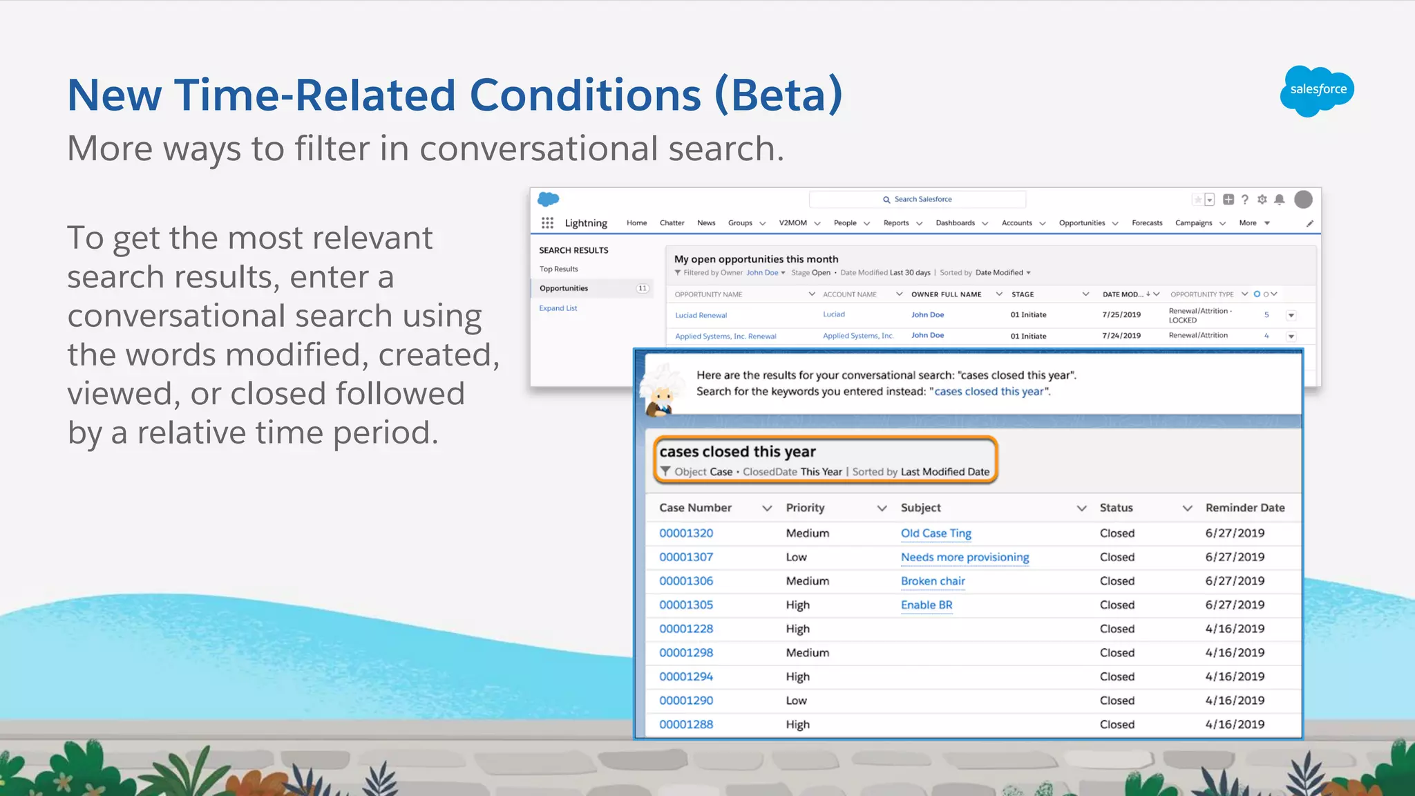 More ways to filter in conversational search.
New Time-Related Conditions (Beta)
To get the most relevant
search results, enter a
conversational search using
the words modified, created,
viewed, or closed followed
by a relative time period.
 