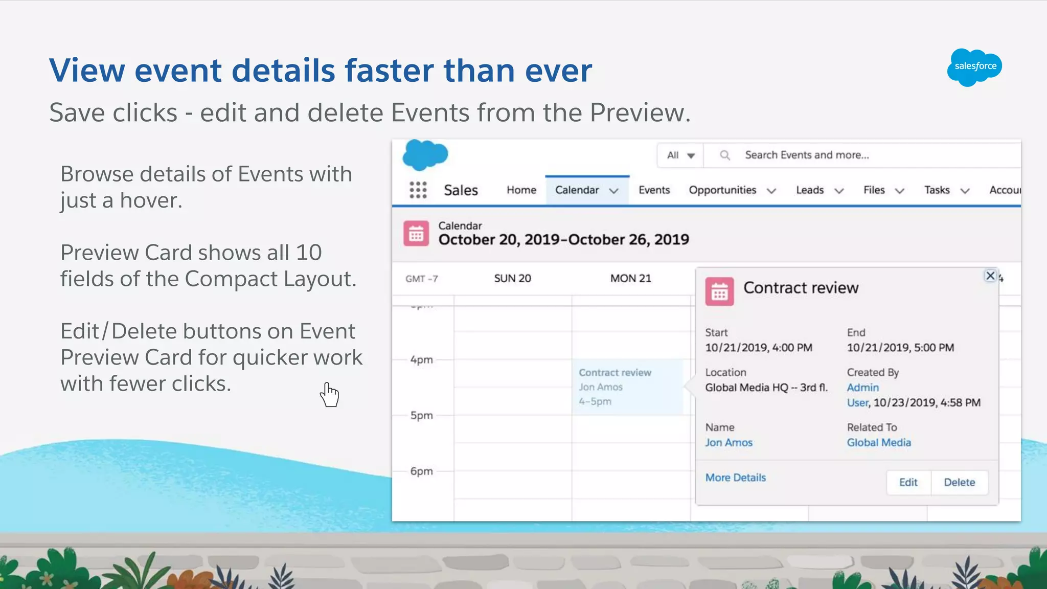 View event details faster than ever
Browse details of Events with
just a hover.
Preview Card shows all 10
fields of the Compact Layout.
Edit/Delete buttons on Event
Preview Card for quicker work
with fewer clicks.
Save clicks - edit and delete Events from the Preview.
 