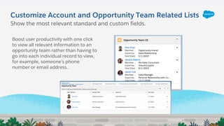 Customize Account and Opportunity Team Related Lists
Boost user productivity with one click
to view all relevant information to an
opportunity team rather than having to
go into each individual record to view,
for example, someone’s phone
number or email address..
Show the most relevant standard and custom fields.
 