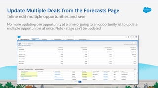 Update Multiple Deals from the Forecasts Page
Inline edit multiple opportunities and save
No more updating one opportunity at a time or going to an opportunity list to update
multiple opportunities at once. Note - stage can’t be updated
 
