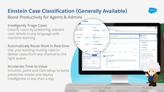 Einstein Case Classification (Generally Available)
Intelligently Triage Cases
Classify cases by predicting relevant
case details in any language with
machine learning
Automatically Route Work in Real-time
Use your existing routing rules to
deliver cases from any channel to the
right queue
Accelerate Time-to-Value
Intuitive, point and click setup to build
predictive model and deploy
intelligence in less than a day
Boost Productivity for Agents & Admins
 