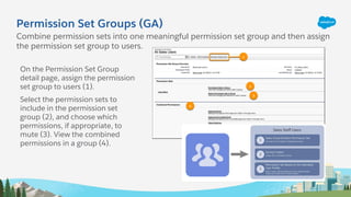 Permission Set Groups (GA)
Combine permission sets into one meaningful permission set group and then assign
the permission set group to users.
On the Permission Set Group
detail page, assign the permission
set group to users (1).
Select the permission sets to
include in the permission set
group (2), and choose which
permissions, if appropriate, to
mute (3). View the combined
permissions in a group (4).
 