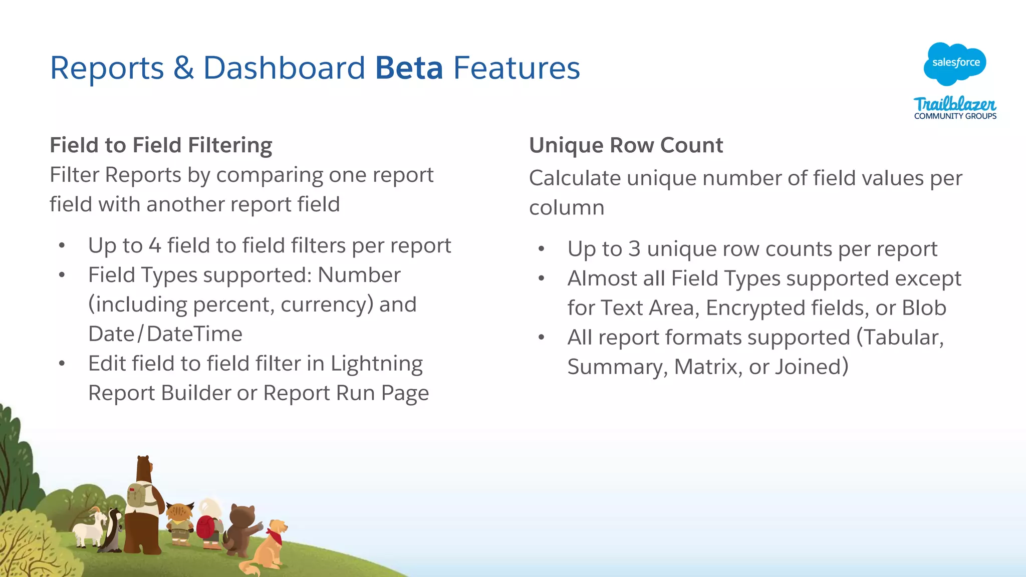 Reports & Dashboard Beta Features
Unique Row Count
Calculate unique number of field values per
column
• Up to 3 unique row counts per report
• Almost all Field Types supported except
for Text Area, Encrypted fields, or Blob
• All report formats supported (Tabular,
Summary, Matrix, or Joined)
Field to Field Filtering
Filter Reports by comparing one report
field with another report field
• Up to 4 field to field filters per report
• Field Types supported: Number
(including percent, currency) and
Date/DateTime
• Edit field to field filter in Lightning
Report Builder or Report Run Page
 