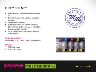 FUZE™ ECO ME®
•
•

•
•
•
•
•

Mix & Match*, fully compatible with OEM
ink
Quick drying ink with excellent substrate
adhesion
Odorless and harmless
Superior outdoor and scratch resistance
Compatible with broad range of substrates
Environmentally friendly
Up to 2 years outdoor durability without
lamination**

Printer Compatibility:
Mimaki JV5, JV34™, JV33™ series, CJV30 series
Offering
• 440ml cartridge
• C, M, Y, K, Lc, Lm

11 of

52

 