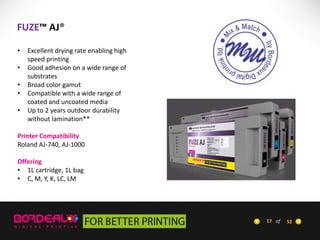 FUZE™ AJ®
•
•
•
•
•

Excellent drying rate enabling high
speed printing
Good adhesion on a wide range of
substrates
Broad color gamut
Compatible with a wide range of
coated and uncoated media
Up to 2 years outdoor durability
without lamination**

Printer Compatibility
Roland AJ-740, AJ-1000
Offering
• 1L cartridge, 1L bag
• C, M, Y, K, LC, LM

17 of

52

 