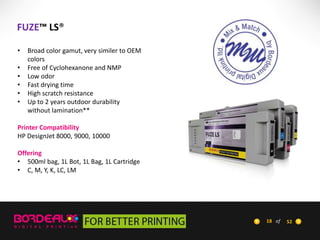 FUZE™ LS®
•
•
•
•
•
•

Broad color gamut, very similer to OEM
colors
Free of Cyclohexanone and NMP
Low odor
Fast drying time
High scratch resistance
Up to 2 years outdoor durability
without lamination**

Printer Compatibility
HP DesignJet 8000, 9000, 10000
Offering
• 500ml bag, 1L Bot, 1L Bag, 1L Cartridge
• C, M, Y, K, LC, LM

18 of

52

 