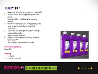FUZE™ FR®
•
•
•
•
•
•
•
•

Maximum light-fastness (pigment based ink)
Vibrant colors matching the original color
gamut
Renowned for reliability & high optical
density
Optimized adhesion and compatibility with
wide range of coated and uncoated
substrates
Advanced fast drying formulation for high
productivity modes
Low corrosive solvents
Up to 2 years outdoor durability without
lamination**
Warranty on product performance

Printer Compatibility
Xaar 128
Offering
• 1L Bottle
• C, M, Y, K, LC, LM

20 of

52

 
