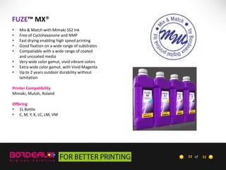FUZE™ MX®
•
•
•
•
•
•
•
•

Mix & Match with Mimaki SS2 Ink
Free of Cyclohexanone and NMP
Fast drying enabling high speed printing
Good fixation on a wide range of substrates
Compatiable with a wide range of coated
and uncoated media
Very wide color gamut, vivid vibrant colors
Extra wide color gamut, with Vivid Magenta
Up to 2 years outdoor durability without
lamitation

Printer Compatibility
Mimaki, Mutoh, Roland
Offering
• 1L Bottle
• C, M, Y, K, LC, LM, VM

23 of

52

 